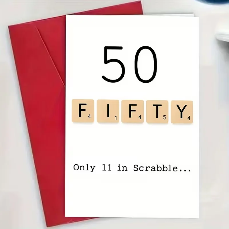 Tarjeta de Cumpleaños Divertida para 50 Años, Tarjeta con Juego de Palabras 'FIFTY Only 11 in Scrabble', Cumpleaños Humorístico, Incluye Sobre Rojo