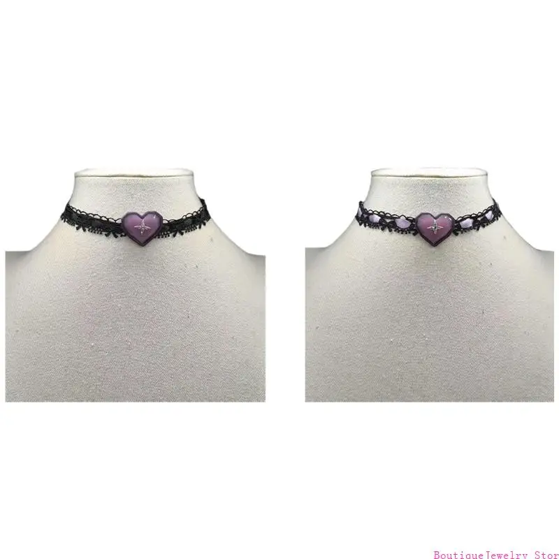 E1PE Qianxi Genre Inspired Adjustable Necklace Featuring Lace Trim And Heart Shaped Pendant