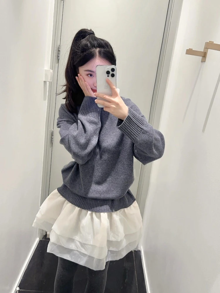 

French Sle Lace Splice Knitted Sweater Women's Loose Warm Top Dr Knitted Long Sve round Ne Regular Length Winter Fa...