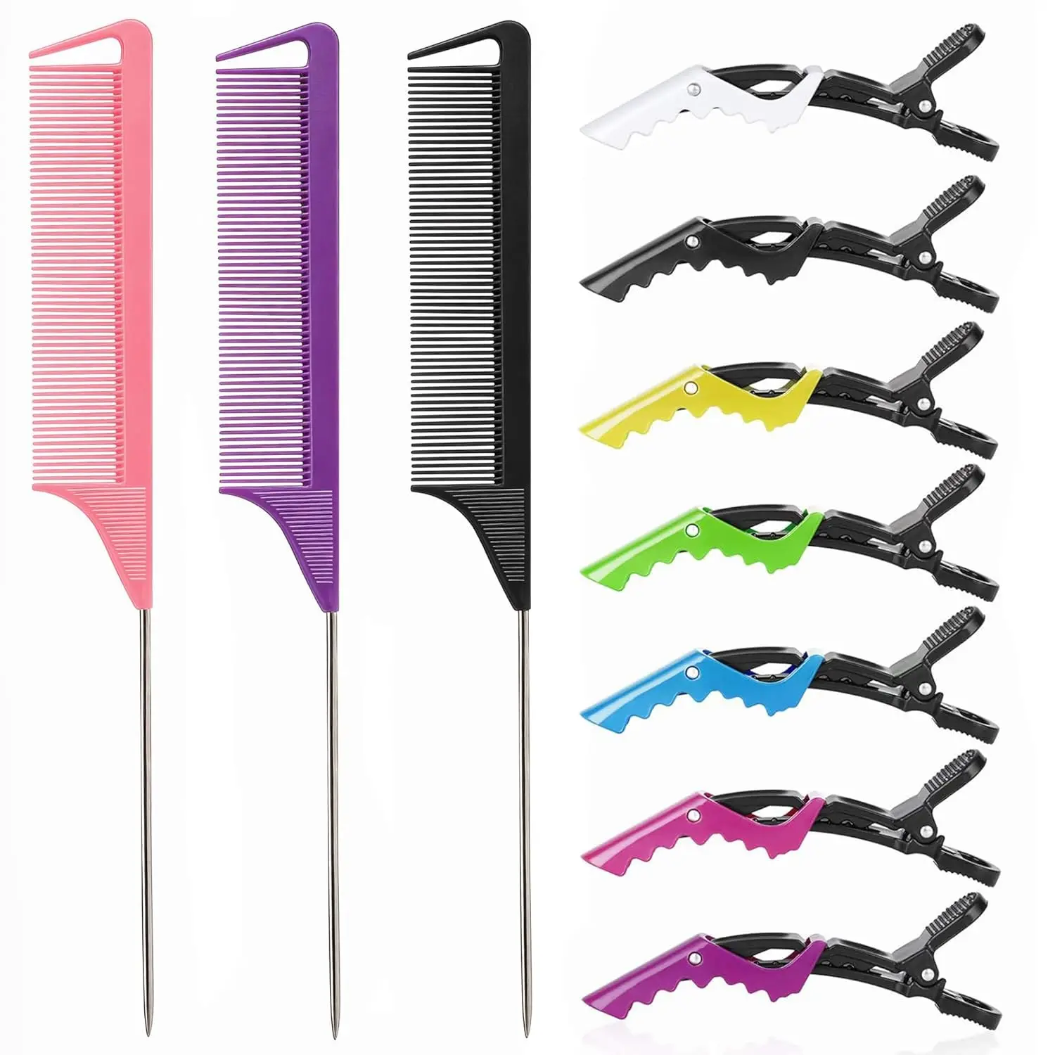 

3 Metal Teasing Combs & 7 Sectioning Clips: Rat Tail & Parting Combs for Braids