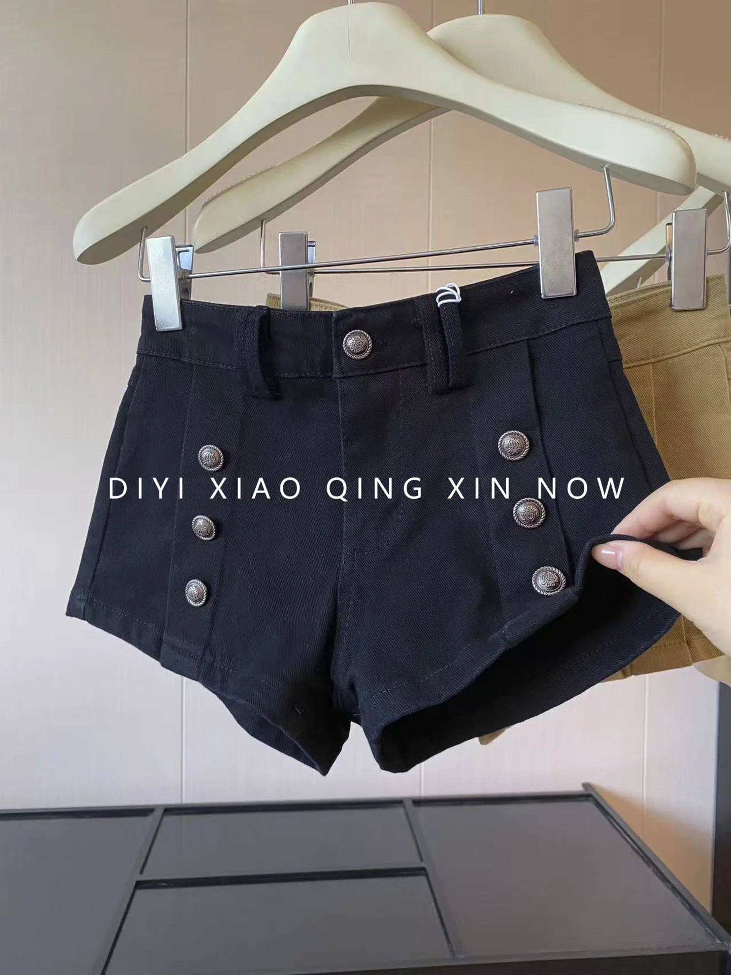 High Waist Women's Workwear Short Pants Double Button Elastic Black White Casual Pants Retro Style Commute Polyester Fiber