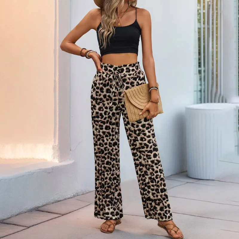 

Модные женские брюки с леопардовым принтом, широкие штанины, высокая талия, со складками, с поясом, повседневные, прямого кроя, из полиэстера
