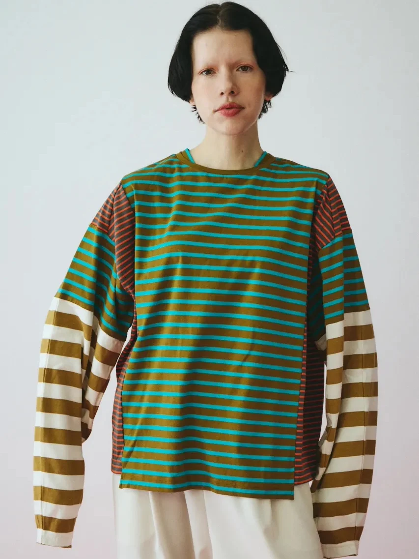 Loose Long Sleeve T-Shirt Color Block Striped Japanese Style Women's Casual Top Breathable Sweat Absorbent round Neck Design