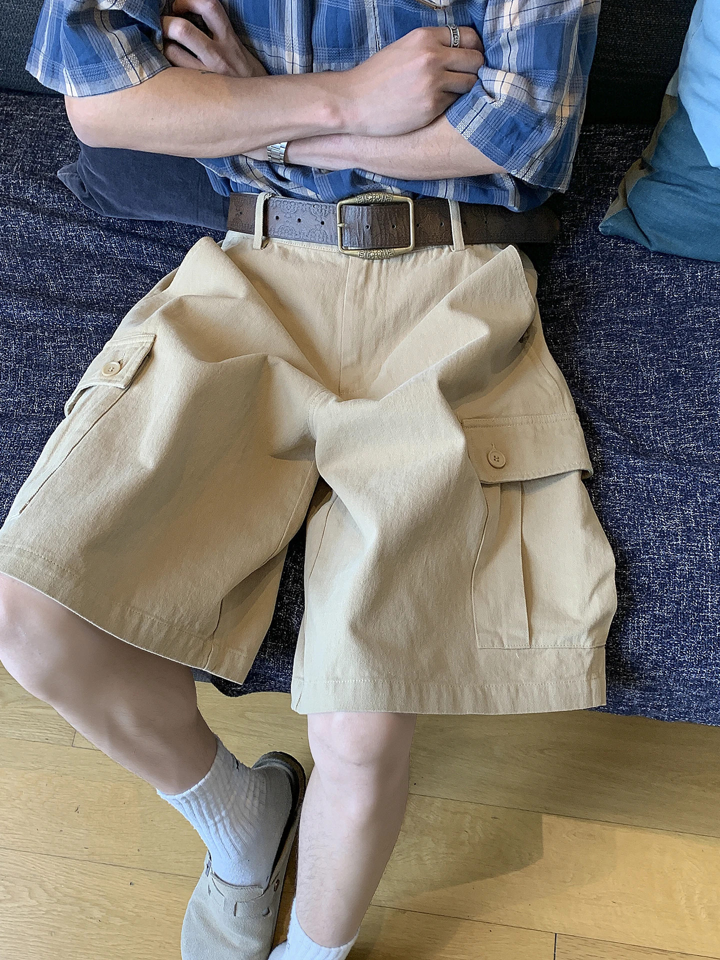 

Мужская летняя свободная рабочая одежда цвета хаки в американском стиле ретро, повседневные универсальные брюки средней длины с пятью деталями, прямые брюки на молнии