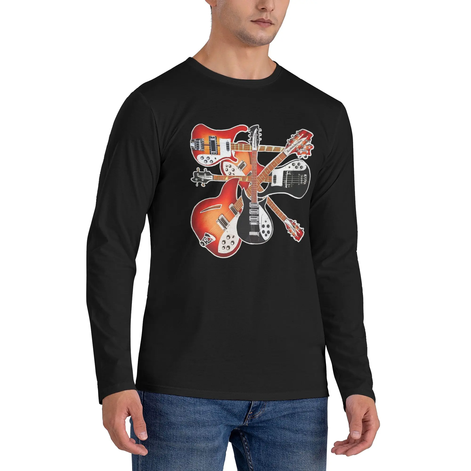 

Rickenbacker Guitar Celebration abstract art collage Men's Long Sleeved T-shirt Round Neck T shirts Spring and Autumn Men tops