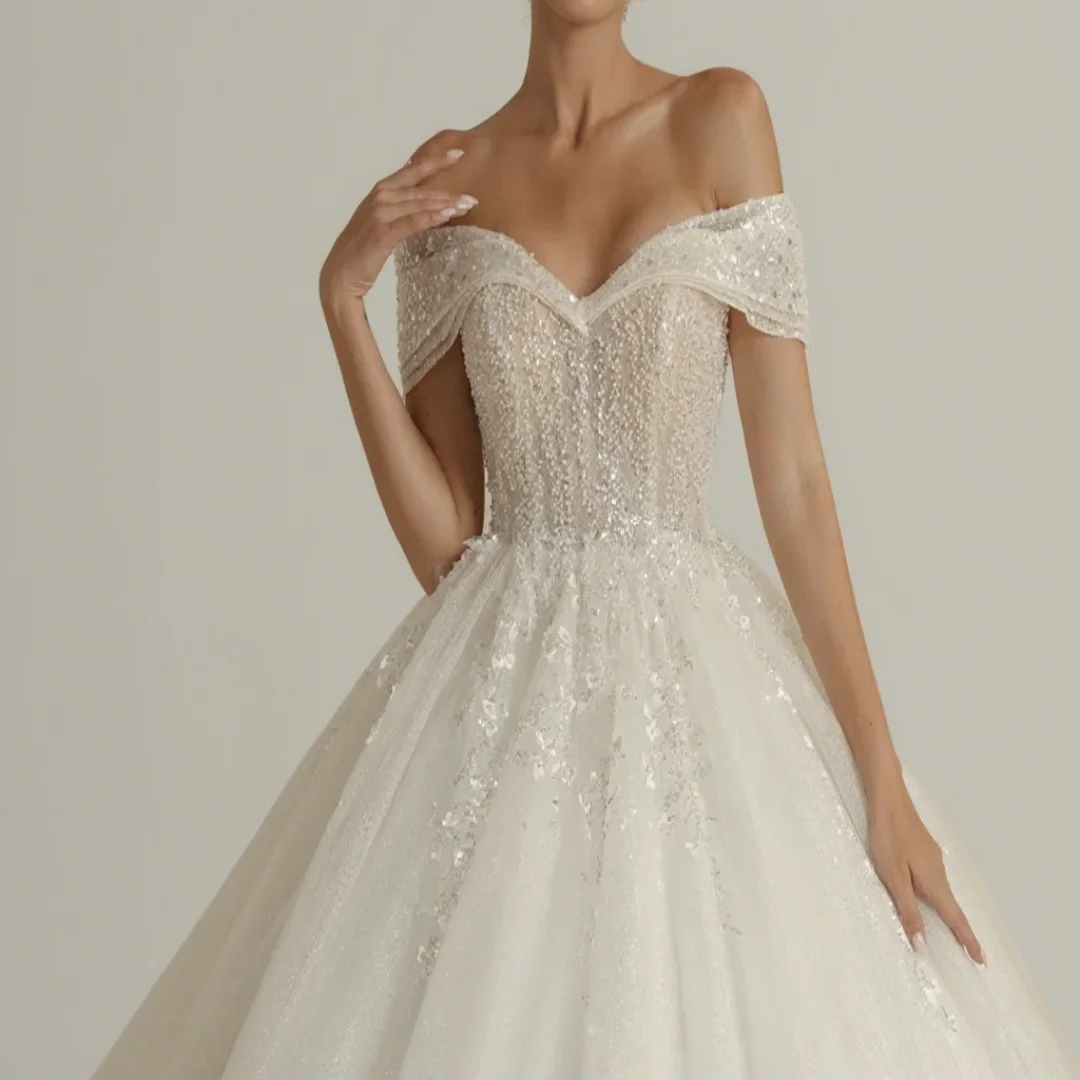 

Customized Beaded Princess Wedding Dress Gown for the Bride with Open-Back and Formal wedding dress Sleeveless Design.