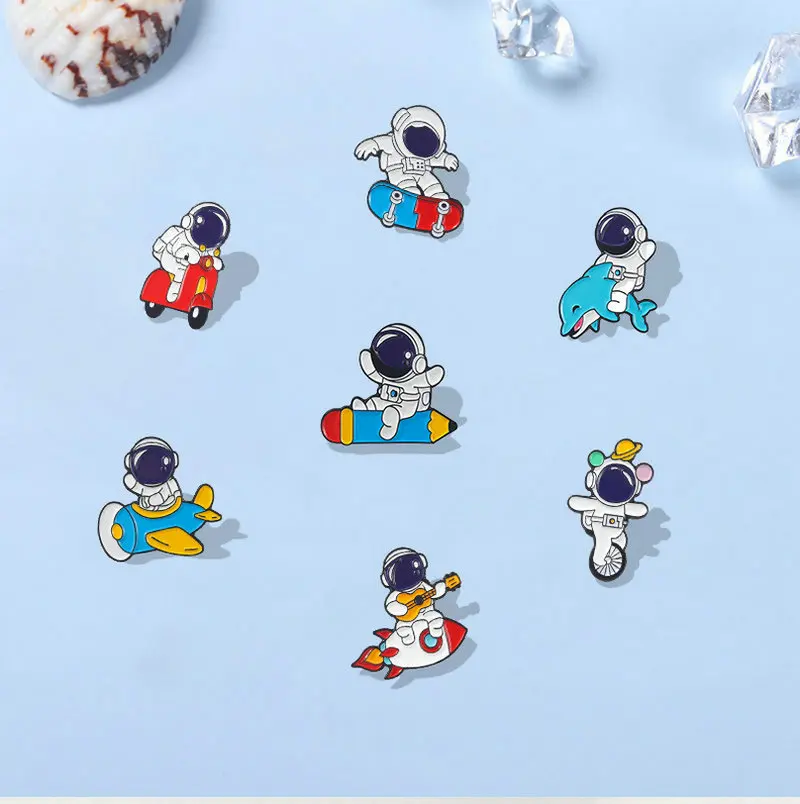 Astronaut Enamel Pin Custom Ocean Surfing Motion Rocket Plane Brooch Bag Badge Childlike Cartoon Jewelry Pins Gift for Kids