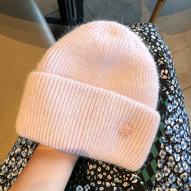 Women Hat Winter Warm Fashion Letter M Rabbit Knitted Hat Bonnet Streetwear Korean Skullies Beanies for Women Winter Hat