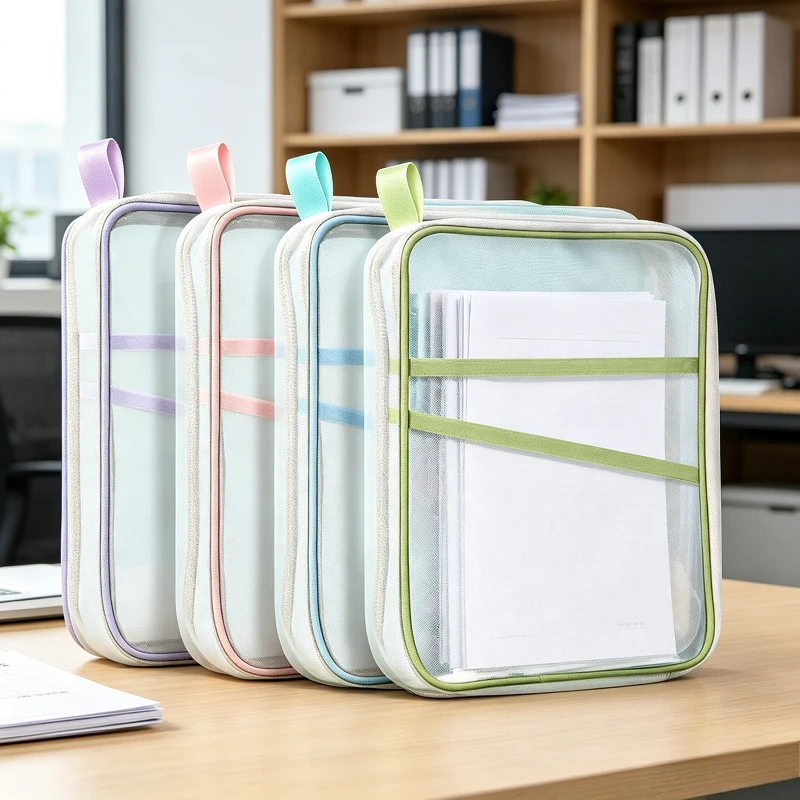 Bolsa de armazenamento de livros e artigos de papelaria A4, bolsa de malha de camada dupla com zíper, pastas de grande capacidade, material escolar e de escritório