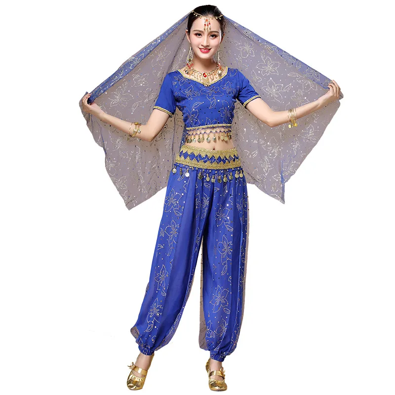 Women Bollywood Indian Dance Costumes Set Oriental Egyptian Belly Dance Dancewear Coin Top Belt Pants Veil Performance Suit