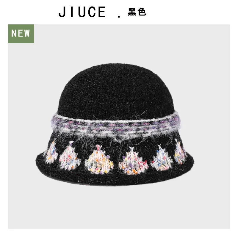 Fisherman Hat for Girls Autumn and Winter New Retro Color Jacquard Knitted Hat Niche High-end Warm Basin Hat Trend