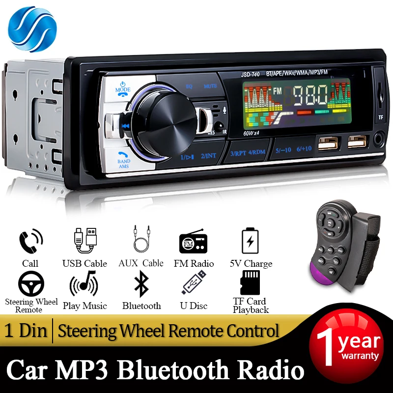 

SINOVCLE Car Radio 1din Stereo Audio Bluetooth MP3 Player FM Receiver With Remote Control AUX/USB/TF Card In Dash Kit