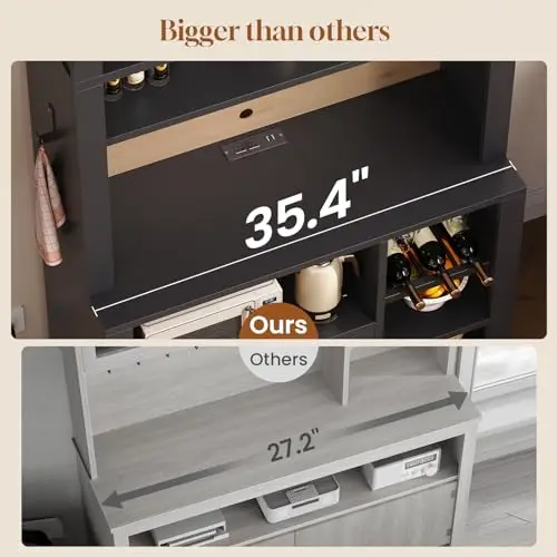 73" Tall Arched Bakers Rack with Power Outlet and LED Light, Farmhouse Coffee Bar Cabinet, Kitchen Microwave Stand with image 6
