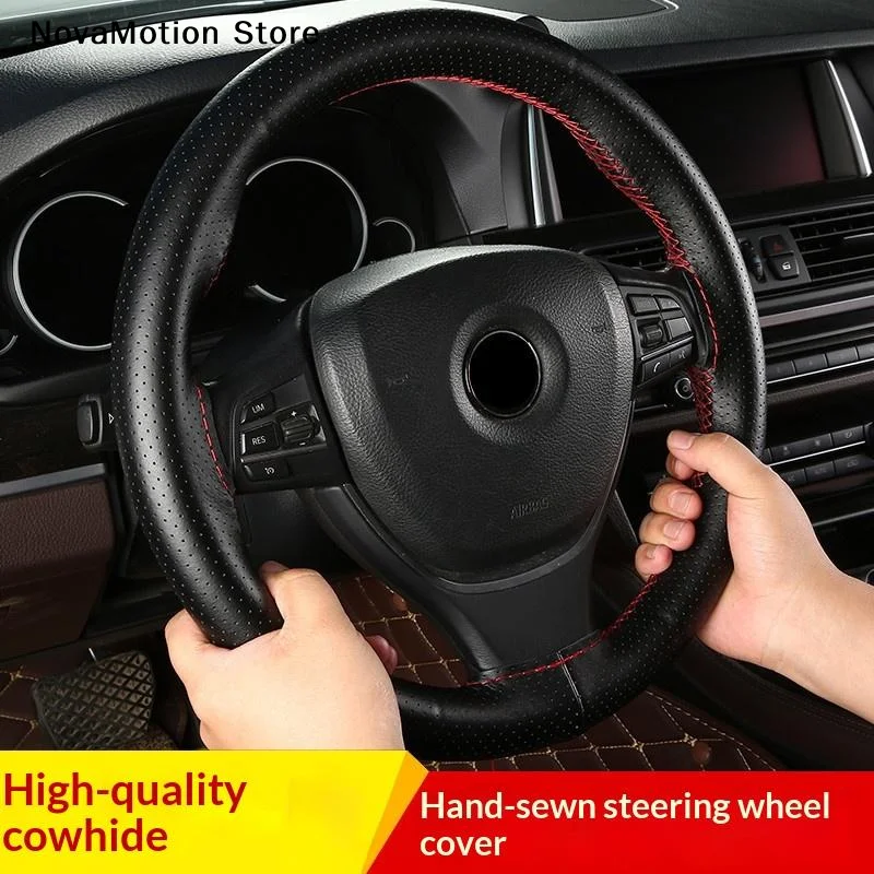 Hand Sewn Car Steering Wheel Protective Cover Leather Breathable Anti Slip Universal Suitable 38cm Elastic Band Texture Decor