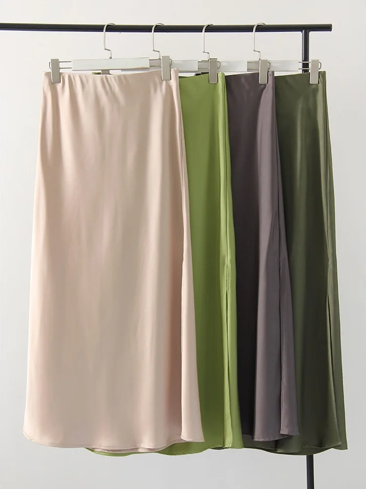Streamgirl Maxi Solid Slit Skirts For Women Long Elegant Summer Office Champagne Satin Skirts Elastic Waist Women's Summer Skirt