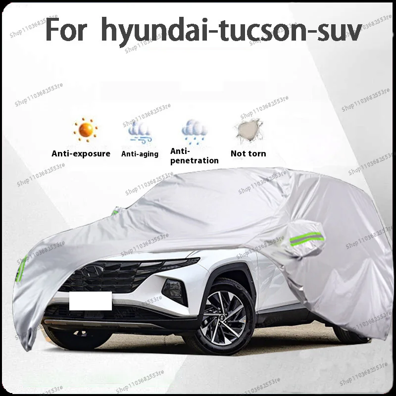 

Автомобильный чехол для Hyundai Tucson Fit — водонепроницаемый, пылезащитный, солнцезащитный козырек (УФ), снегозащитный | Серебряное полное покрытие с защитой в течение всего дня