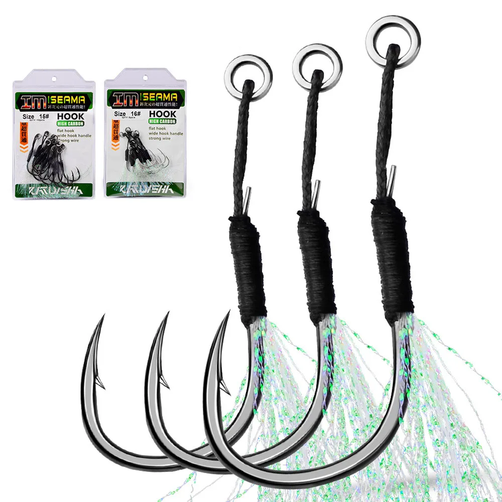 10 قطعة/الوحدة 11 # -19 # خطاف مساعد القفز عالي الكربون من ISEAMA، خطاف صيد السمك الشائك، خطافات حادة واحدة مع أدوات صيد السمك من الريش #1