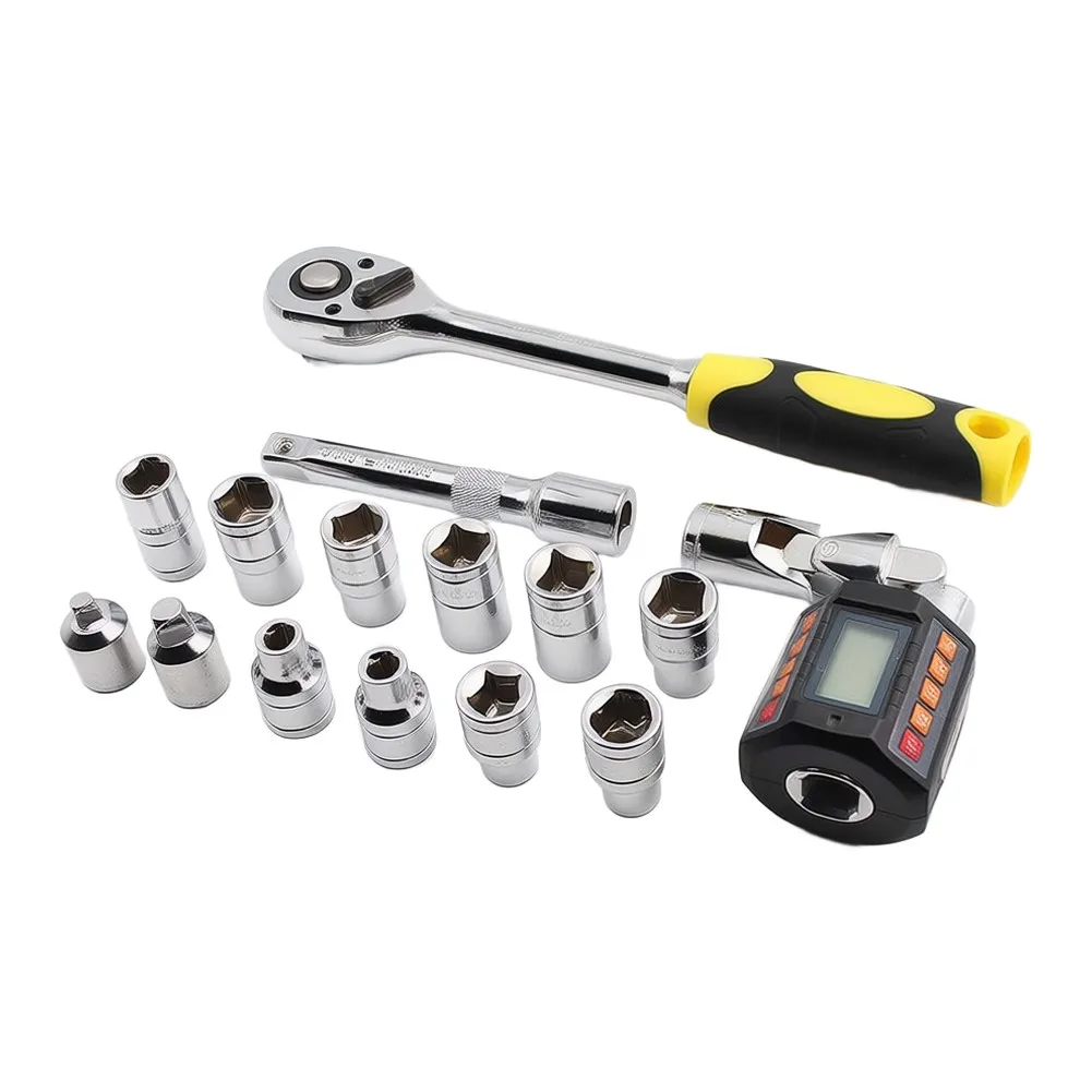 Digital Torque Wrench Set 3-200Nm, ±2% Accuracy LCD Backlight, 4 Units N.m/lbf.ft/kgf.cm, Real-Time/Peak/Preset Modes With Socke