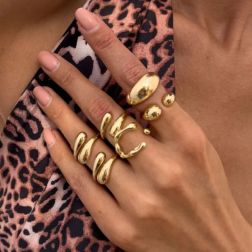 SHIXIN 6Pcs Glossy Water Drop Snake Shape Adjustable Open Ring for Women Geometric Gold Color Chunky Ring Set Daily Accessories