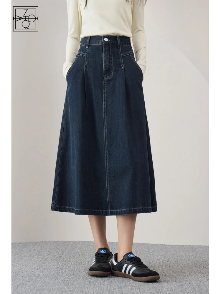 

ZIQIAO 100% Cotton High Waist A-line Retro Denim Skirt for Women Autumn Newly Casual Loose Sense Mid-length Skirt Female