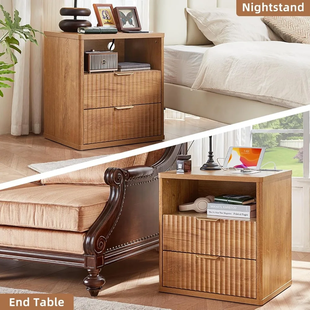 Fluted Farmhouse Nightstand Set of 2 with Charging Station, 23