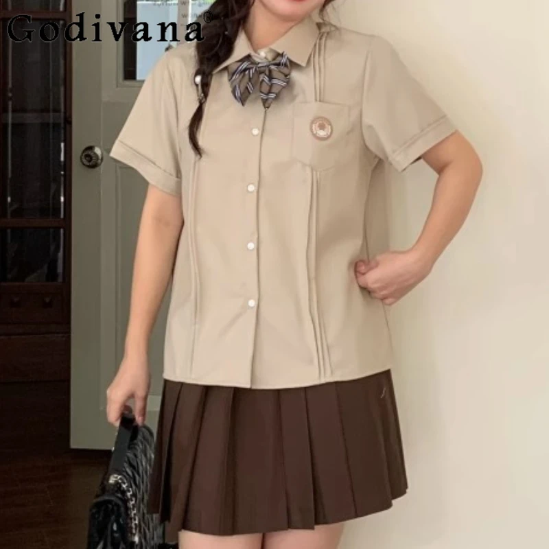 

XL-5XL Big Size Jk Milk Tea Color Japanese Short Sleeve Shirt Sweet Girl Summer Brown High Waist Age Reduction Pleated Skirt Set