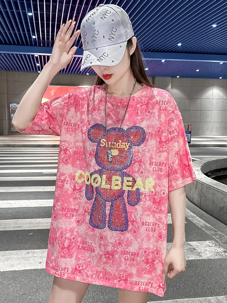 Beautiful Street Bear Hot Diamond Pink Short sleeved Large Edition T-shirt Women's Loose Summer 2024 New Mid length Top