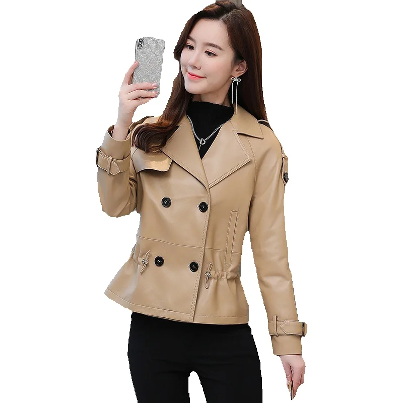 Genuine Leather Jacket For Women's Short Spring Korean Version Leather Jacket With Sheepskin Waist Closure And Slimming Effect,