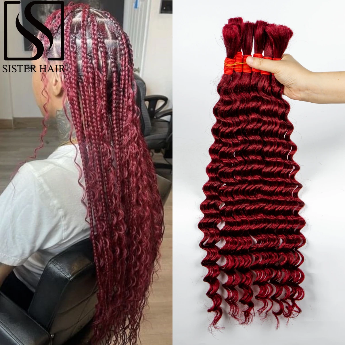 

26 28Inch Burgundy No Weft Brazilian Remy Hair Bulk Deep Wave Curly Braided Bundle 100% Virgin Human Hair Bulk for Boho Braiding