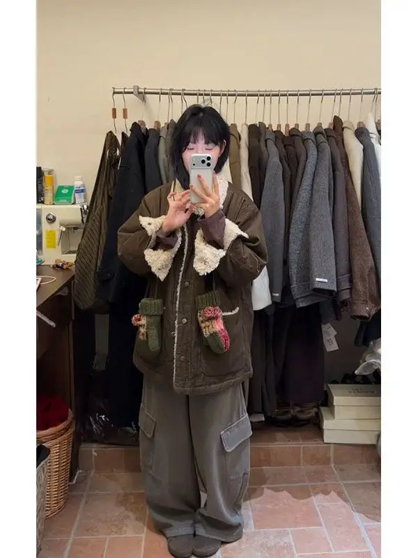 

Корейская укороченная куртка из утолщенного меха ягненка для женщин, осенне-зимняя, уникальная, приталенная, для повседневной носки, с воротником-стойкой