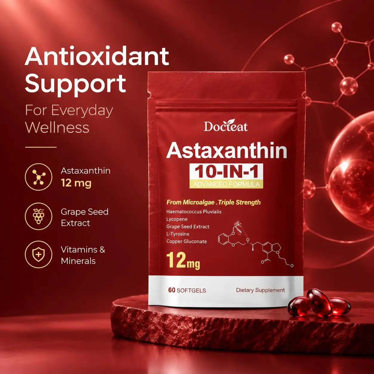 Boost Antioxidant Defense & Promote Skin Radiance, 10-in-1 Astaxanthin 12mg with Grape Seed Extract & Lycopene, 60 Softgels