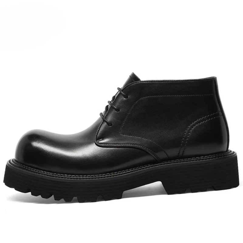 

British Style Platform Heightening Shoes for Men's Hand-sewn Genuine Leather Breathable Casual and Comfortable Mid-top Shoes Man