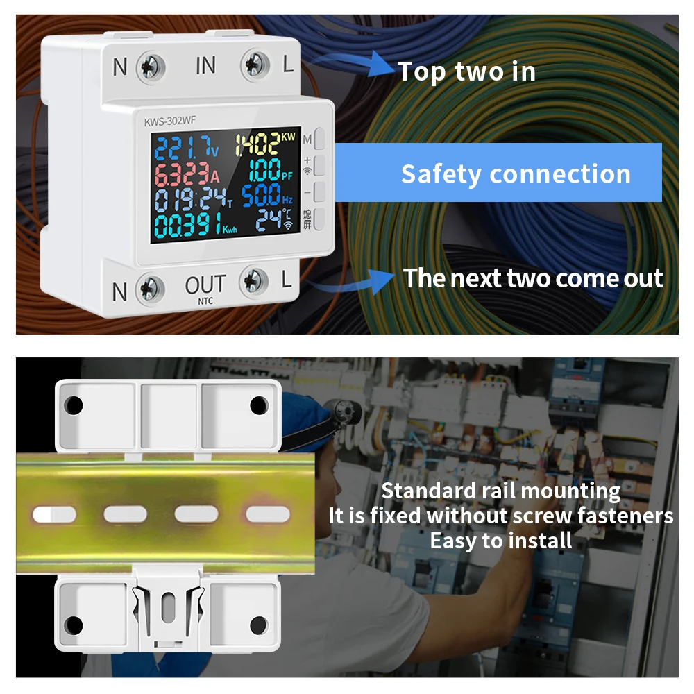 Tuya-Compteur de puissance WiFi 8 en 1, 2P, compteur d'énergie AC, 170-270V, 63A, tension et courant, compteur d'électricité, Smart Life