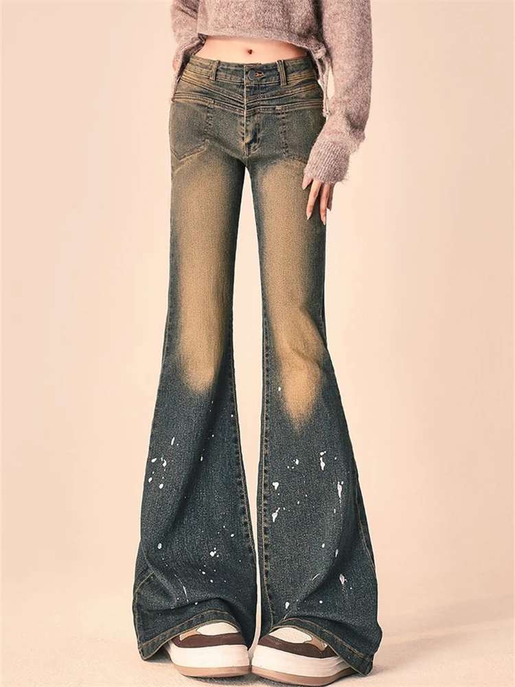 

Women's Paint Splatter Do Old Low Waisted Flared Jeans Street Cool Girl Bottoms Wide Legs Pants Female Skinny Denim Trousers