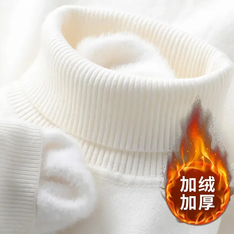 

Autumn Winter Men's Turtleneck Sweater Knitted Velvet Warm Long Sleeve Pullover Outdoor Cold-proof Casual Blouse Base Sweater