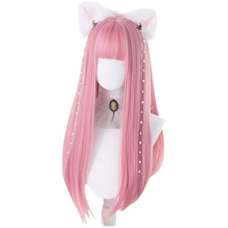 Synthetic Long Stright Cosplay Lolita Harajuku Wig With Bangs Pink Wine Red White Halloween Braided Wig for Women Daily Wear Wig