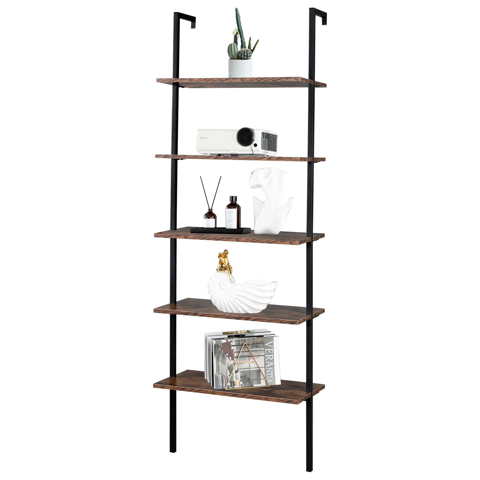 5th floor wall mounted fixed bookshelf density board iron frame 60 * 30 * 180cm retro brown black frame retro style