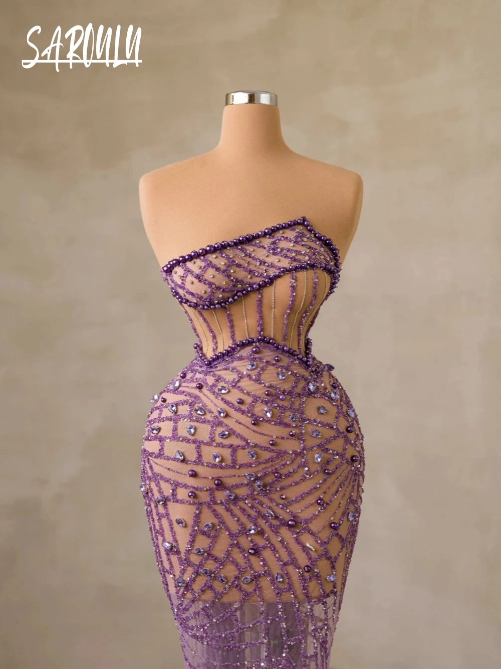 

Purple Corset Illusion Evening Dress Exquisite Mermaid Crystals Prom Gown Chic Sparkly Customized Special Occasions Wear