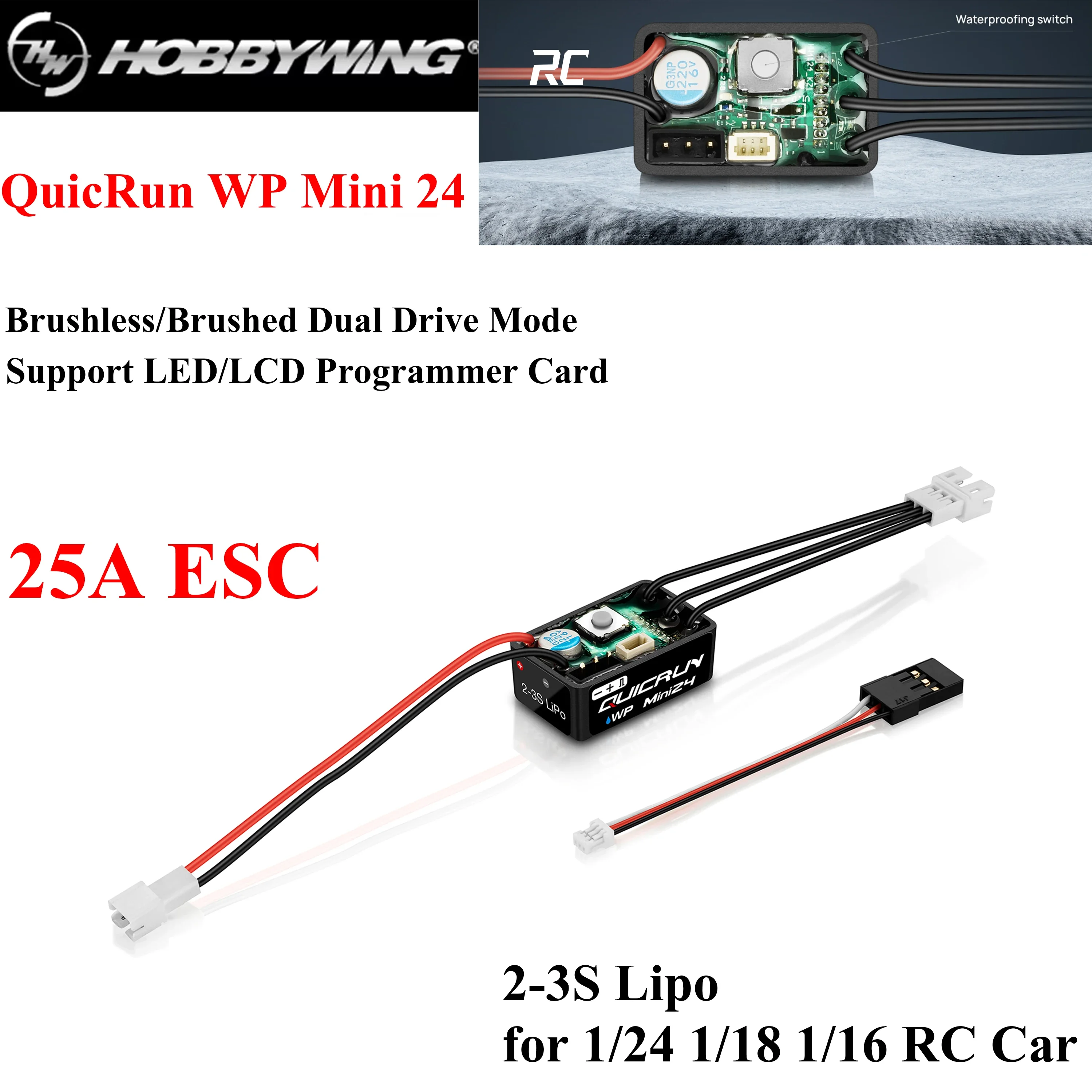 HOBBYWING QuicRun WP Mini24 25A ESC Impermeable 2-3S con/sin Escobillas para Coche RC Mini 1/24 1/18 1/16 Crawler Monster Motor 1621