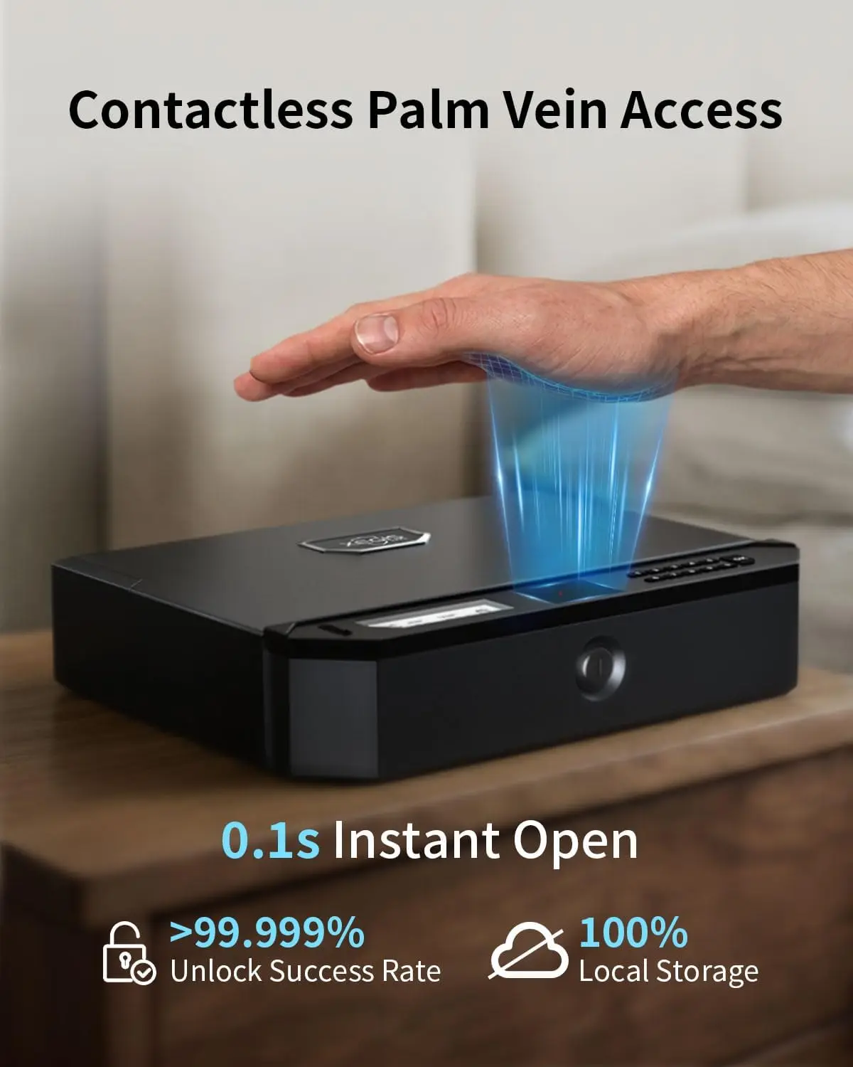Biometric Gun Safe Contactless Palm Vein, Raise Palm to Open in 0.1s, 3-Way Unlock Keypad/Key Pistol Safe, Works with Any Hand &