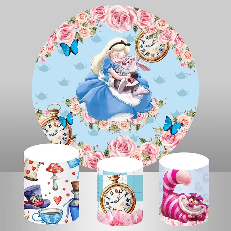 

Disney Alice in Wonderland Round Backdrop Cloth Column Cover Pink Flower Girls Birthday Party Baby Shower Decoration Photo Props