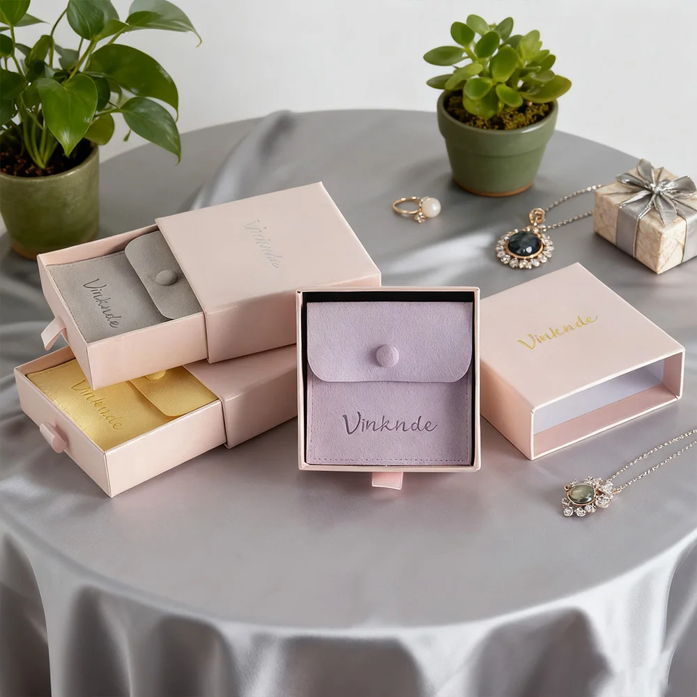 

Birthday Valentine Wedding Gift Jewelry Box With Snap Pouch Set Custom Cardboard Sliding Drawer Boxes Jewelry Earrings Rings Bag