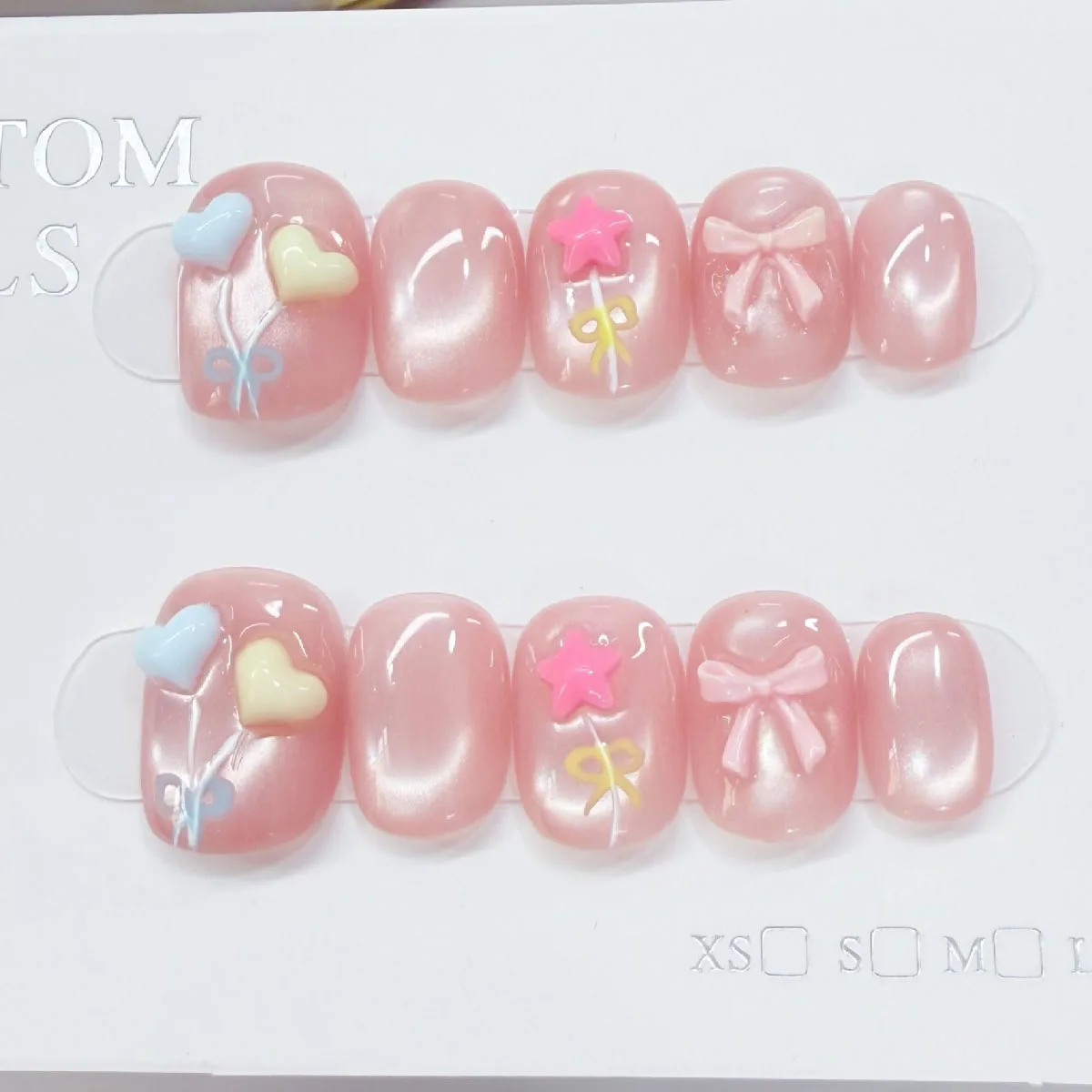 

10pcs Handmade Press on Nails Rainbow Balloon Pink Cat-Eye Hearts Full Coverage Nail for Women&Girl Detachable Wearable Nail