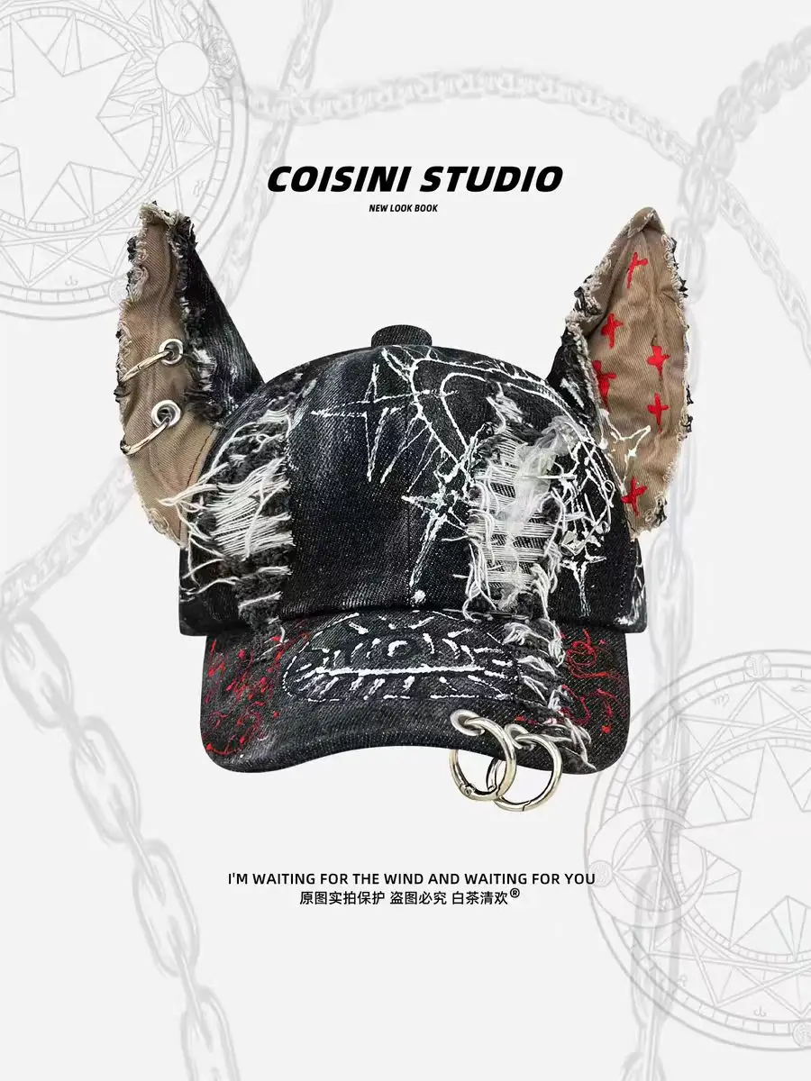 

Бейсболка в стиле Y2K с граффити и кроличьими ушками, ковбойская кепка с эффектом потертости, хип-хоп кепка для женщин и мужчин, для вечеринок и командных мероприятий, 2026