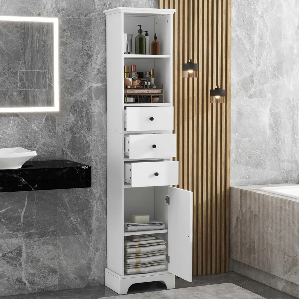 

Tall Storage Cabinet With 3 Drawers And Door, Slim Linen Tower Bathroom Organizer, Adjustable Shelves, White