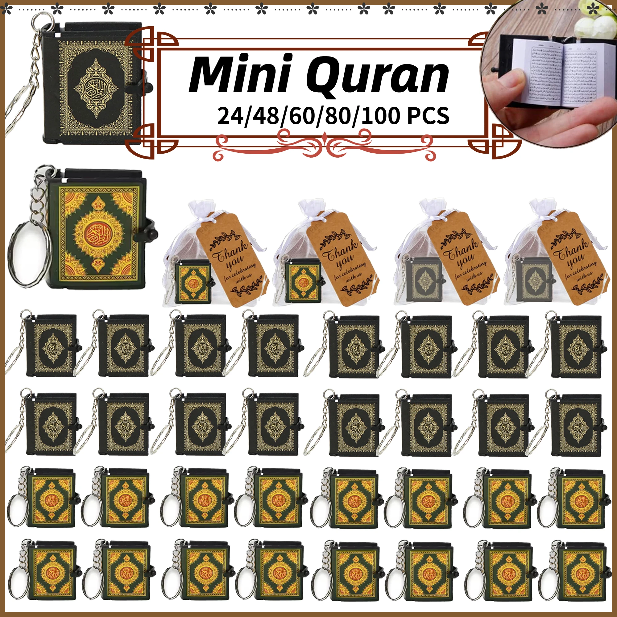 100-24PCS Mini Quran Keychain Book Muslim Islamic Key Chain for Religious Souvenir Gifts RamadanBag Purse Handbag Ornament