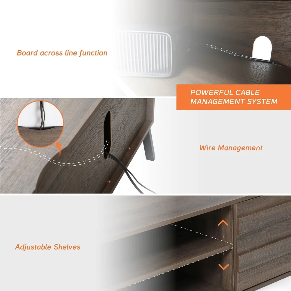 ミッドセンチュリー木製テレビスタンドコンソール55インチメディアストレージキャビネットリビングルームエンターテイメントセンター、プッシュオープンドアと