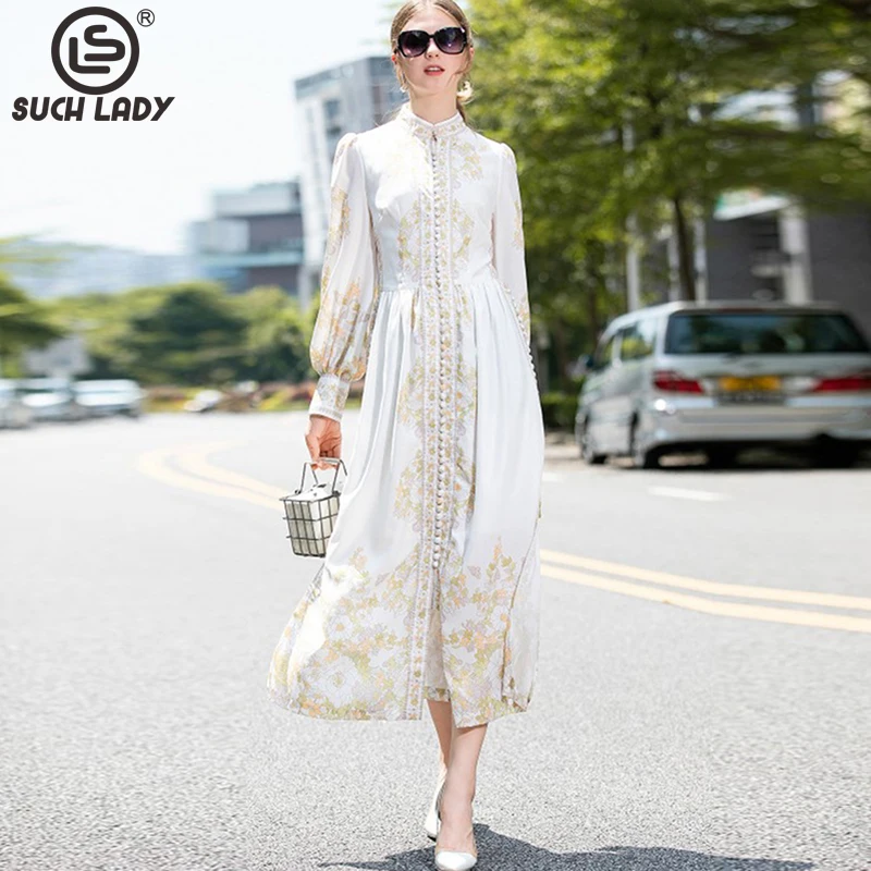 Women's Dresses O Neck Long Sleeves Printed Buttons Detailings Elegant High Street Fashion Midi Dresses