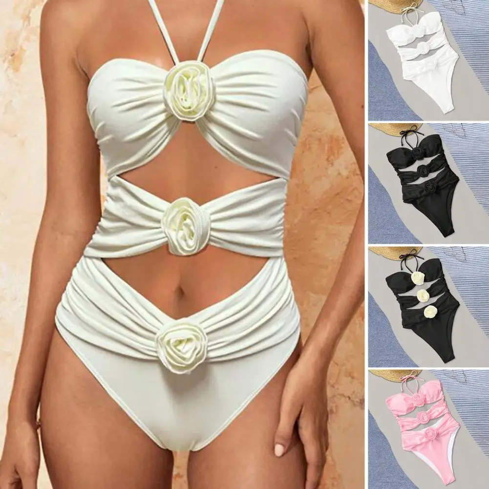 Women Monokini Hollow Out 3D Rose Decor Lace-up Halter Neck Pleated Elastic Quick Dry Slim Fit Lady Beachwear Lady Bathing Suit