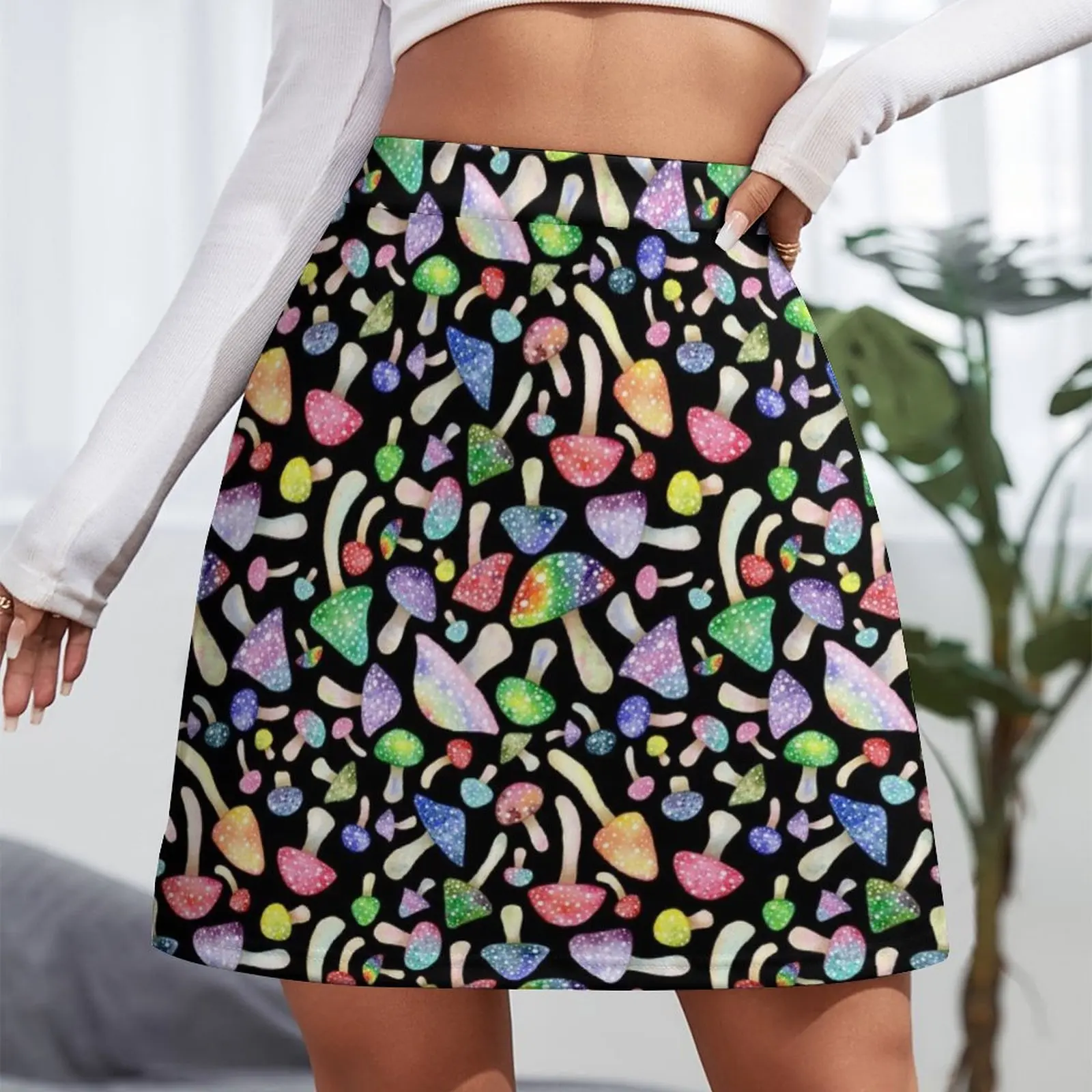 Spotted Watercolor Mushrooms on Black Mini Skirt Woman skirts japanese kawaii clothes